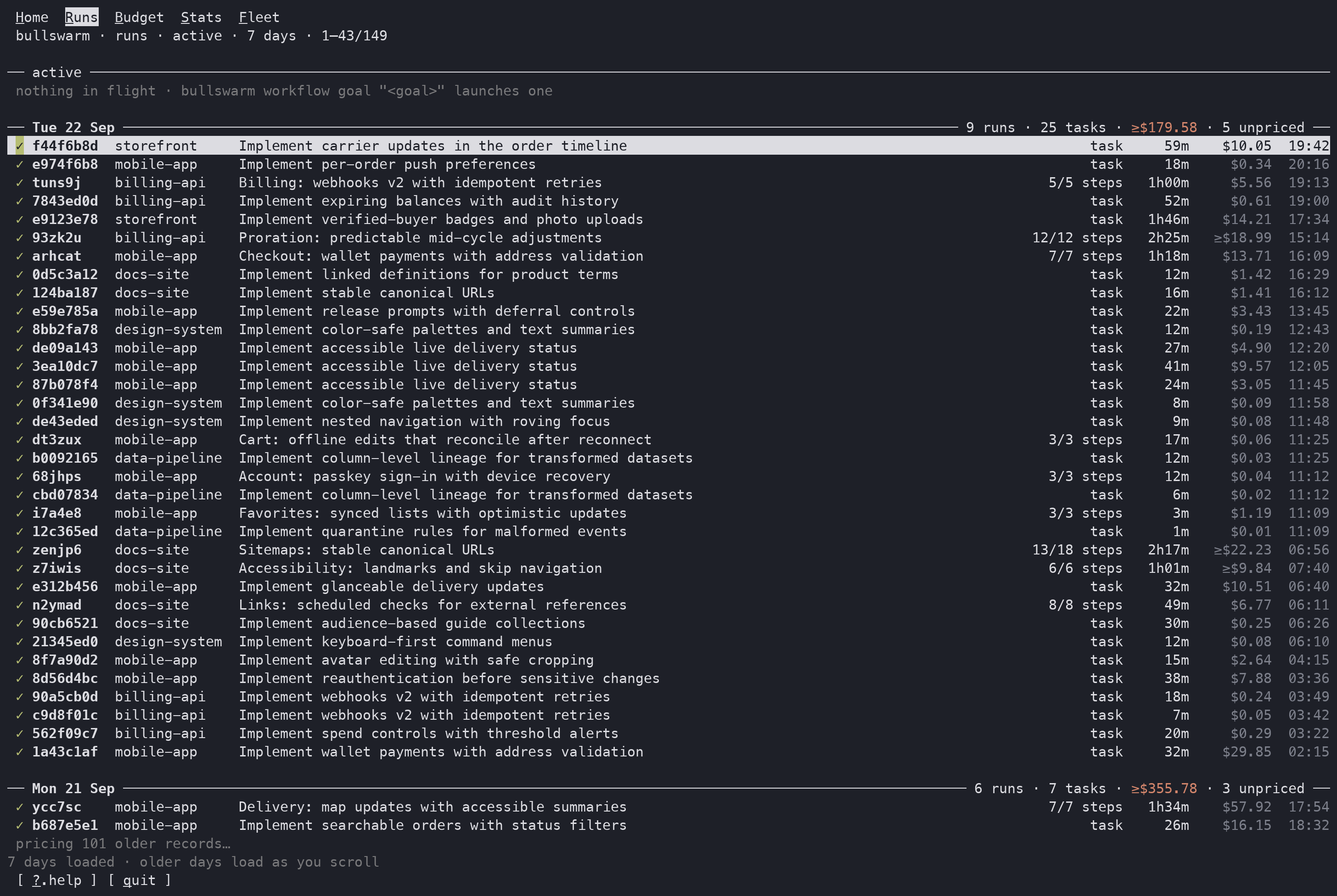 Runs page with active work and dated workflow history